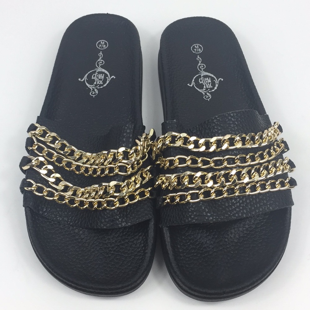 Soulmates gold chained vegan leather slides.  7/8